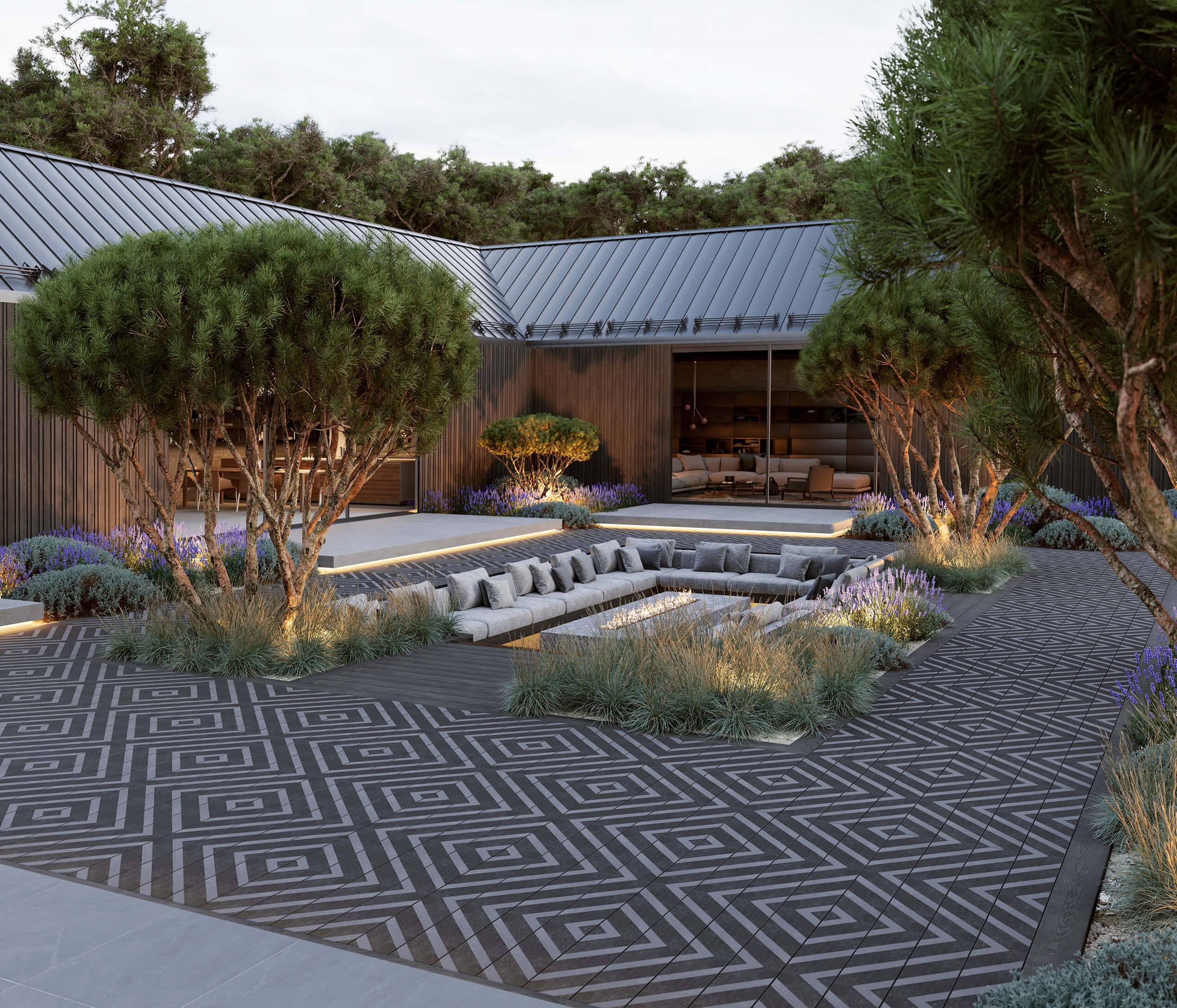 Buitenvloer terras met Linear Modello Burnt Cedar terrasplanken AlterWood Millboard