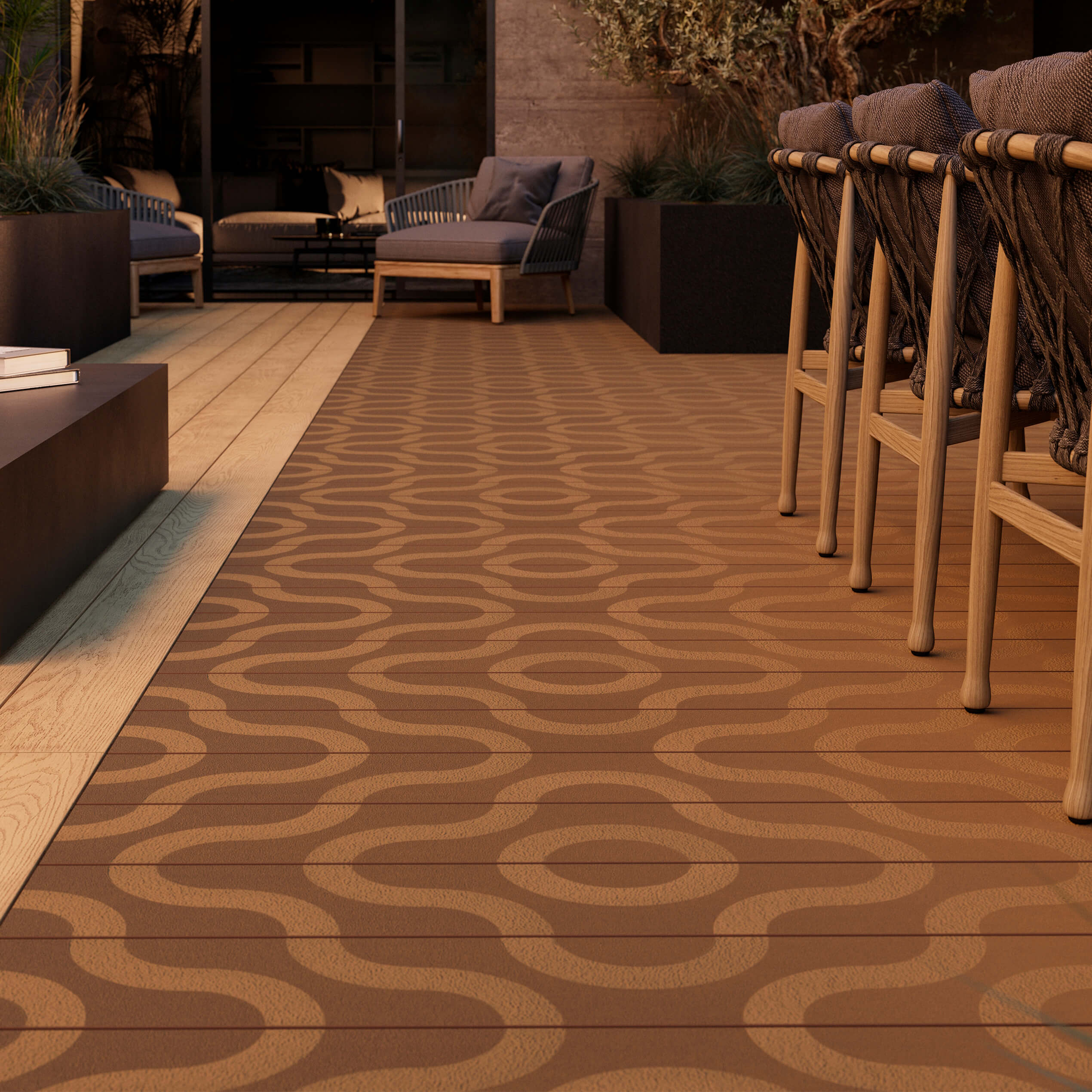 Modello Contour feature inlay terrasplanken impressie AlterWood